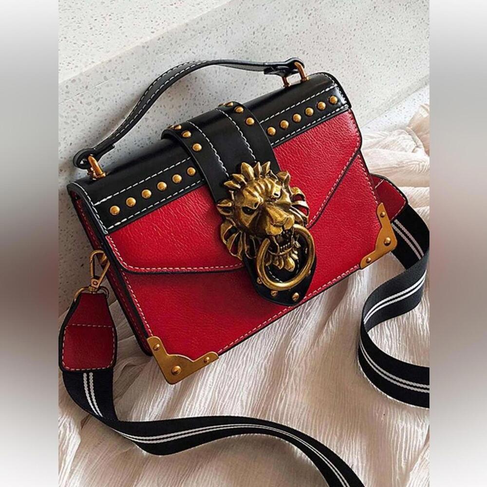 Stylish Red and Black Handbag with Gold Accents - Picture 4 of 6